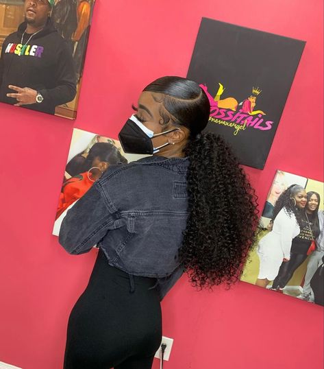 Ponytail Hairstyles For Black Women Weave Curly, Jerry Curl Ponytail Weave, Deep Wave Ponytail Weave, Long Curly Ponytail Black Women, Bun Heatless Curls, Curly Ponytail Black Women, Curly Ponytail Weave, Hair Bun Design, Hair Bun Accessories