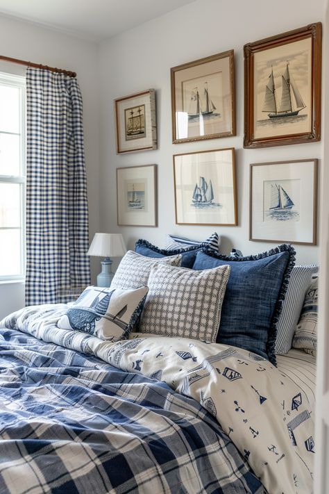 Nautical Aesthetic Bedroom, Coastal Americana Decor, Nantucket Bedroom Style, Nantucket Style Bedroom, Blue Cottage Core Bedroom, All Blue Bedroom, Hamptons Style Decor Bedroom, East Coast Bedroom, Blue Room Ideas Bedroom