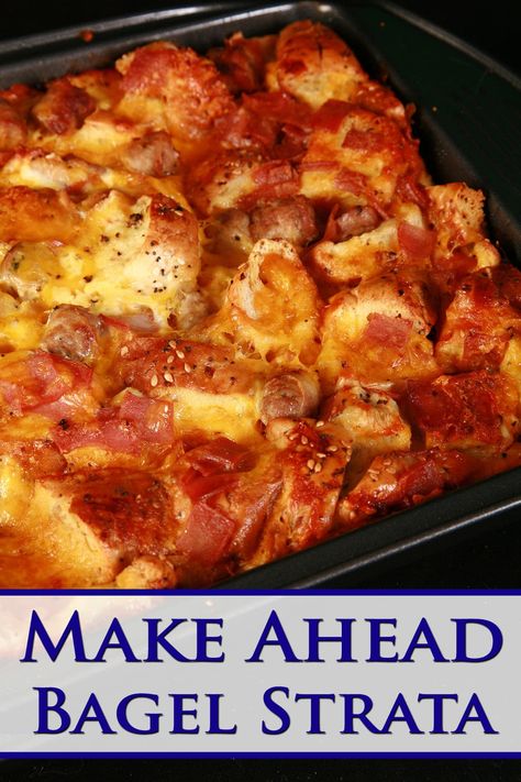 Everything Bagel Strata, Make Ahead Bagel Breakfast Sandwich, Bagel Strata, Bagel Breakfast Bake, Breakfast Bagel Sandwich, Strata Recipes Breakfast, Breakfast Casserole Muffins, Breakfast Bakes, Easy Breakfast Casserole Recipes