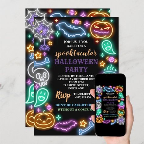 Neon Halloween Party, Halloween Movie Night Party, Halloween Invitaciones, Halloween Birthday Party Invitations, Halloween Invitation Template, Neon Halloween, Superhero Birthday Invitations, Halloween Party Flyer, Halloween Birthday Party