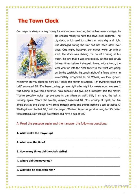 Read the story. Then check your understanding by answering thr questions. Third Grade Reading Worksheets, 3rd Grade Reading Comprehension Worksheets, Unseen Passage, Clock Town, Esl Reading Comprehension, 2nd Grade Reading Worksheets, Reading Comprehension Texts, 2nd Grade Reading Comprehension, First Grade Reading Comprehension