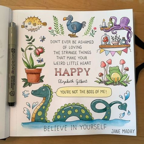 Jane Maday on Instagram: "Okay, this is just me being silly. #cuteart #funnyart #artjournaling #artjournalpage #bujoinspo #bujojunkies #bujoinspiration #doodleart #momartist #illustratorsofinstagram #dailyart #dailysketch #markerart #pigmamicron" Trash Journal, Jane Maday, Grid Journal, Books Illustration, Chasing Rainbows, Choices Game, Daily Ideas, Grid Journals, Japanese Phrases