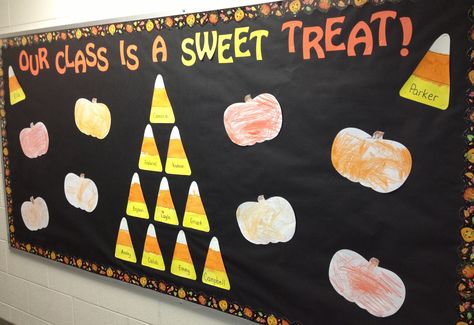 Fall/Halloween Bulletin Board Halloween Pre K Bulletin Boards, Pre K October Bulletin Boards, Candy Corn Classroom Door Ideas, Candy Corn Bulletin Board Ideas, Candy Corn Bulletin Board, Halloween Kindness Bulletin Board, Spooktacular Bulletin Boards, Fall Church Bulletin Boards, October Bulletin Boards