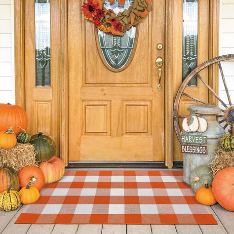 Buffalo Plaid Rug, Fall Door Mat, Porche Halloween, Entryway Farmhouse, Plaid Area Rug, Outdoor Entrance, Fall Doormat, Plaid Rug, Farmhouse Entryway