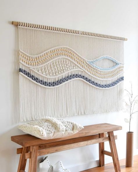 XL Macrame Wall Hanging - "Patricia" by Rianne Aarts | Wescover Wall Hangings Macrame Inspiration, Macrame Wall Hanging Tutorial, Makramee Diy, Macrame Wall Hanging Diy, Macrame Wall Decor, Macrame Wall Hanging Patterns, Blue Wall Decor, Yarn Wall Hanging, Large Macrame Wall Hanging