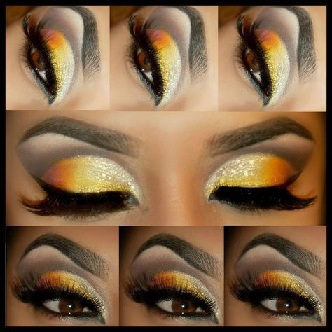 This reminds me of candy corn. Cute look for Halloween Eyeshadow For Blue Eyes, Witch Makeup, Halloween Eye Makeup, Summer Makeup Looks, Photos Of Eyes, Halloween Eyes, Pumpkin Costume, Makeup Obsession, I Love Makeup