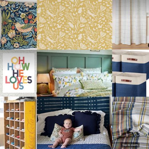 Vintage inspired happy boys room with yellow wallpaper, green paneling, blue bedding and accents Green Paneling, Yellow Boys Room, Yellow Girls Room, Boys Room Blue, Girls Room Wallpaper, Yellow Nursery, Yellow Bedding, Wallpaper Green, Room Idea