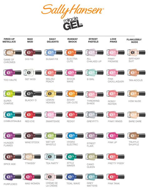 Sally Hansen Miracle Gel shade chart. I love this. It last for ever. It survived the first week of school Sally Hansen Gel, Sally Hansen Nails, Sally Hansen Miracle Gel, Super Nails, Gel Polish Colors, Nails Polish, Sally Hansen, Nail Polishes, Gel Manicure