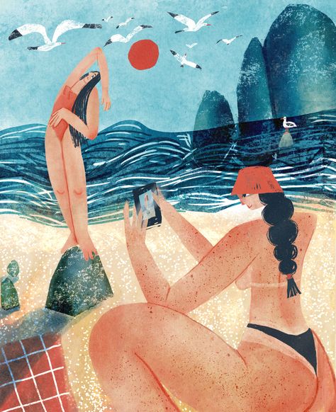 Beach People Illustration, Beach Illustration Drawing, Vacation Illustration Art, Summer Vibes Illustration, Summer Beach Illustration, Vacation Drawing, Swimming Pics, Beach Doodles, Beach Digital Art