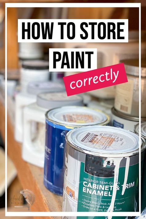 How to store paint the correct way. Learn all the tips and tricks on how to store paint the right way so it lasts a long time. Paint storage location, paint storage temperature. How to dispose of paint. #anikasdiylife Garage Storage Paint Cans, How To Organize Paint Cans, Organizing Paint Cans, Paint Gallon Storage, Garage Paint Storage, How To Store Paint Cans, Gallon Paint Can Storage Ideas, Paint Storage Ideas Garage, How To Store Paint