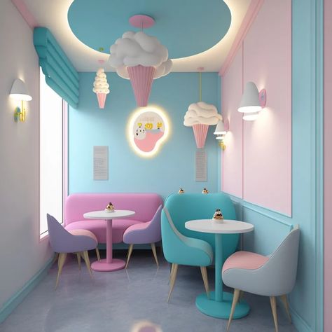 Candy Interior Design, Heladerias Ideas Decoracion, Ice Cream Shop Interior Design, Aesthetic Cafe Interior, Pastel Cafe, Colorful Cafe, Candy Room, Bakery Design Interior, Bakery Decor