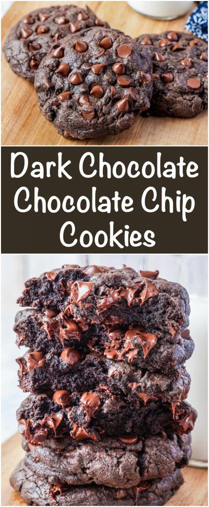 Dark Chocolate Chocolate Chip Cookies  #darkchocolate #chocolate #chocolatechip #cookie #cookies #recipe #dessert Recipes Using Dark Chocolate Chips, Dark Chocolate Chips Recipes, Dark Chocolate Chip Recipes, Jumbo Cookies, Chocolate Chocolate Chip Cookies, Dark Chocolate Chip Cookies, American Cookies, Sweet Bakes, Dark Chocolate Cookies