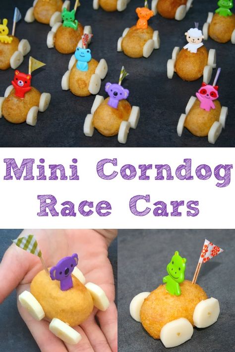 Do you have a car loving kid? Make Mini Corndog Race Cars for a snack! Truck Theme Food Ideas, Nascar Themed Food, Transportation Themed Snacks, Car Shaped Food, Race Day Snacks, Disney Camp, Vbs Snacks, Road Snacks, Car Snacks