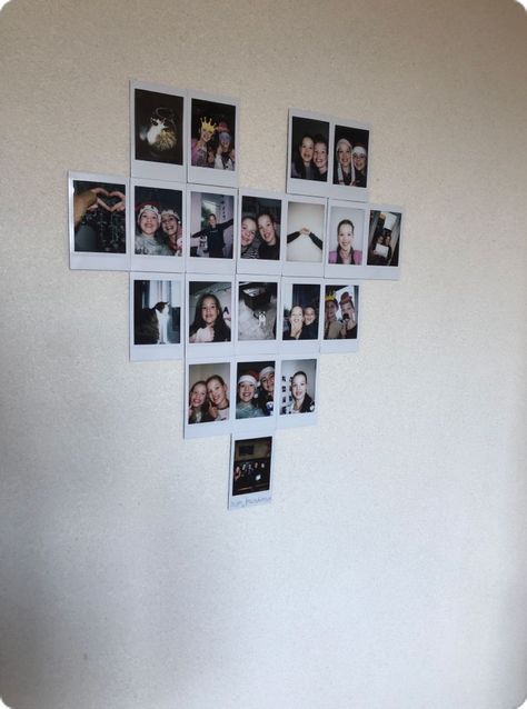 Poloroid Heart On Wall, Ways To Put Pictures On Wall, Cute Ways To Display Polaroids, Poloroid Pictures Ideas Fairy Lights, Heart Made Out Of Pictures On Wall, Polaroid Craft Ideas, Polaroid Design Ideas, Heart Polaroid Wall, Heart Picture Collage Layout