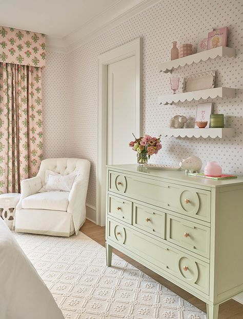 Best lake house: Blue and white beauty - Axios Charlotte Pink Bedroom With Dark Wood Furniture, Easter Nursery Decor, Caitlin Wilson Nursery, Feminine Nursery Ideas, Timeless Nursery Gender Neutral, Transitional Nursery Ideas, Cottage Nursery Room Inspiration, Cottage Core Nursery Ideas, Anthropologie Nursery