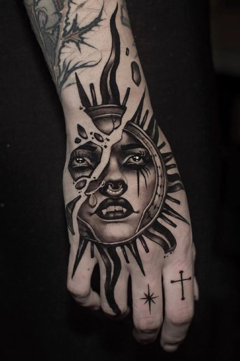 Sun vampire hand tattoo by Cristian Casas - Get inspired by more hand tattoos on Tattoodo or find an artist near you! - #handtattoo #suntattoo #neotraditionaltattoo #vampiretattoo #neotrad #portraittattoo #goddess #deity #vampire #tattooidea #tattoodesign #tattooinspo Traditional Hand Tattoo, Tattoo Board, Goddess Tattoo, Tattoo Now, Hand Tattoos For Women, Dark Art Tattoo, Traditional Tattoo Flash, Hand Tattoos For Guys, Top Tattoos