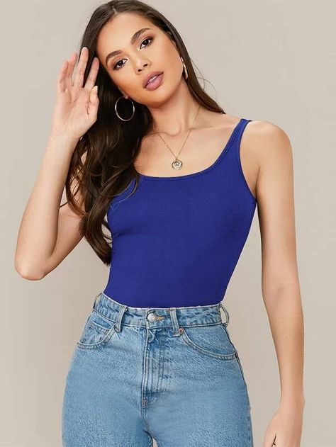 Blue Tank Top Outfit, Solid Tank Tops, Tank Top Outfits, Azul Real, Women Tank Tops, Round Neck Tees, Azul Royal, Women Midi, Blue Tank Top