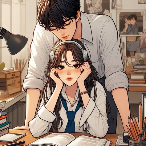 Anime Couple School Aesthetic, High School Anime Couple, School Couple Drawing, Table Pose Reference, Webtoon Couple, High School Couples, School Romance, Couple Poses Drawing, Anime Love Story