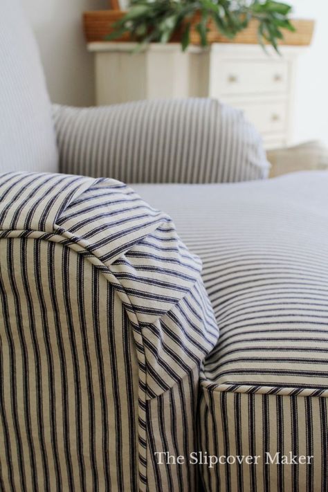 A Cotton Ticking That Works for Washable Slipcovers | The Slipcover Maker Ticking Upholstery, Retro Office Chair, Euro Trash, Chairs Diy, Wing Chairs, Striped Sofa, Custom Slipcovers, Upholstery Ideas, Washable Slipcovers