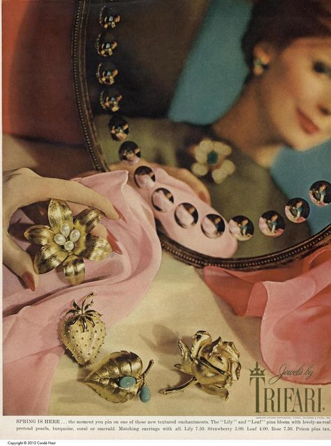 Vintage Jewelry Ads, Jewelry Ad Vintage, Trifari Advertisement, Vintage Cartier Advertisement, Jewelry Advertising, Jewellery Advertising, Jewelry Photography Styling, Trifari Jewelry, Vintage Crown