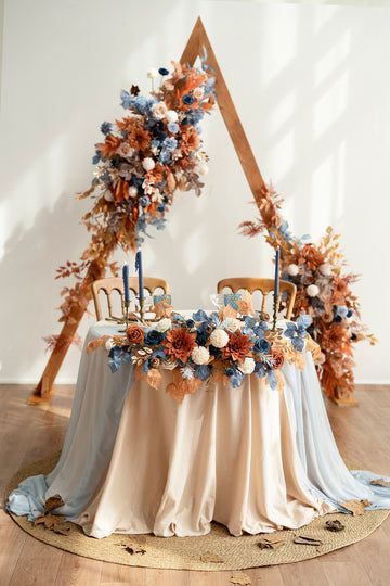 Fall Wedding Colors Decorations, Terracotta And Navy Wedding Cake, End Of Summer Wedding Ideas, Beachy Fall Wedding, Dusty Blue And Terracotta Wedding Theme, Burnt Orange And Navy Blue Wedding, Farm Wedding Reception, Flower Swag, Floral Swags