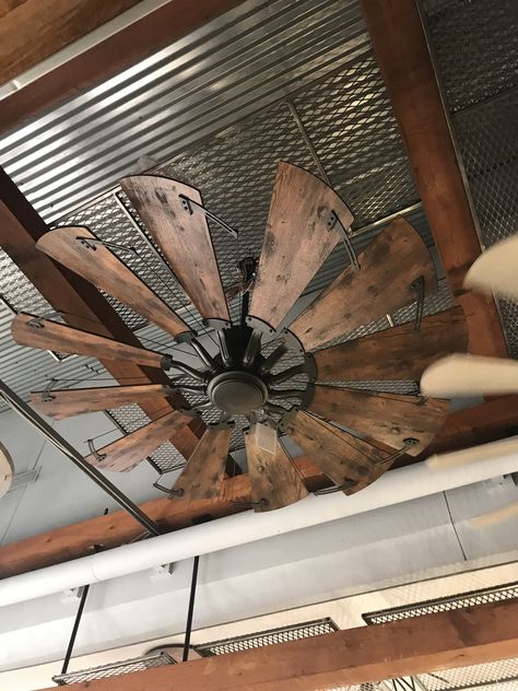 Western Lighting, Windmill Ceiling Fan, Tennessee House, Farmhouse Ceiling, Camp House, Interior Cladding, Timber Homes, Farmhouse Ceiling Fan, Metal Cladding