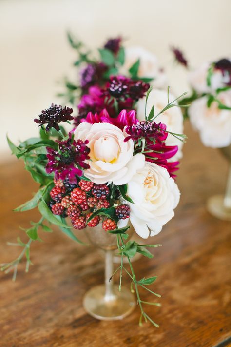 Raspberry, Rose and Scabiosa Centerpieces Raspberry Wedding, Berry Wedding, Small Vases, Pink Chalk, Fall Wedding Centerpieces, Fruit Decorations, Fall Wedding Flowers, Wedding Flower Arrangements, Winery Weddings