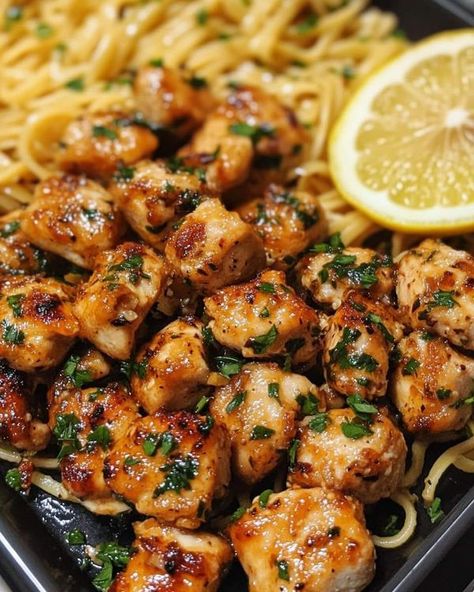 Meal Ideas & Recipe Swap | Garlic Butter Chicken Bites with Lemon Parmesan Linguine  | Facebook Parmesan Linguine, Lemon Parmesan Pasta, Chicken Linguine, Garlic Butter Chicken Bites, Butter Chicken Bites, Lemon Butter Chicken, Lemon Garlic Chicken, Pasta Ingredients, Garlic Butter Chicken