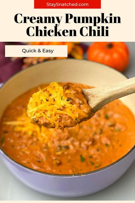 This Easy Pumpkin Chicken Chili is perfect for fall and makes a great weeknight dinner or meal prep favorite. I love to freeze soups and chili for leftovers! This dish is the perfect freezer meal. Crockpot Pumpkin Chicken Chili, Pumpkin Chicken Chili Crockpot, Bbq Chicken Chili, Chicken Pumpkin Chili, Soups And Chili Recipes, Pumpkin And Chicken Recipes, Pumpkin Chicken Soup, Halloween Soup Ideas, Chili Variations