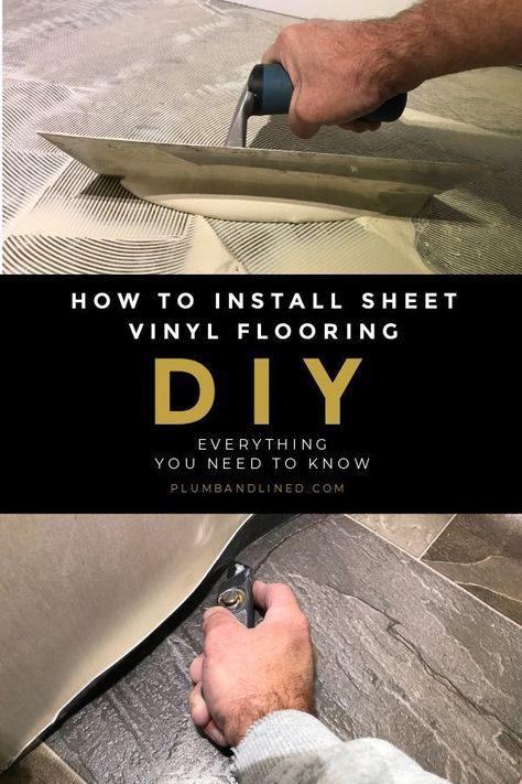 Installing a new sheet vinyl floor in a bathroom is one of the easiest ways to update the look of your home. #howto #diyvinyl #diyflooring #howtoinstall How To Install Vinyl Sheet Flooring, Vinyl Sheet Flooring Bathroom, Vinyl Flooring Diy, Vinyl Roll Flooring, Diy Vinyl Flooring, Roll Vinyl Flooring, Diy Everything, Flooring Diy, Sheet Flooring