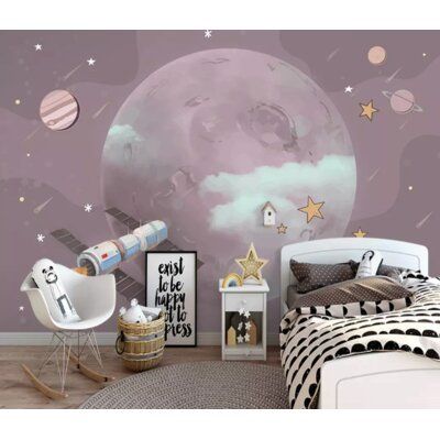 Create an eye-catching view of your kid's rooms with this wallpaper. This fabric-textured wallpaper is suitable for kid's rooms, kindergarten, playrooms, baby rooms, child rooms, home decor, wall decor, girl's bedrooms, boy's bedrooms, and more. Size: 112" W x 75" L | Mason & Marbles Farrel Cartoon Planets & Space Removable Textured Wallpaper in Gray, Size 112" W x 75" L | Wayfair | Home Decor Cartoon Planets, Wallpaper Walls, Planet Kids, Walls Decor, Planet For Kids, Child Room, Baby Rooms, Kids Room Wallpaper, Mural Design