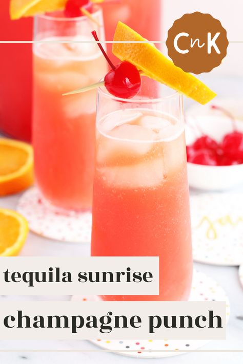 Tequila Sunrise Champagne Punch is a bubbly spin on the classic tropical cocktail that packs an extra special boozy kick. When it comes to summer gatherings, from Cinco de Mayo to a weekend patio brunch, you'll find yourself winning over a crowd with this oh-so easy and oh-so tasty drink. | cakenknife.com #tequilacocktail #tequilapunch #cincodemayo #brunchpunch Champagne Cocktails Easy, Brunch Drinks Alcoholic, Drink Dispenser Recipes, Champagne Mixed Drinks, Tequila Punch, Champagne Punch Recipes, Brunch Punch, Champagne Recipe, Alcoholic Punch Recipes