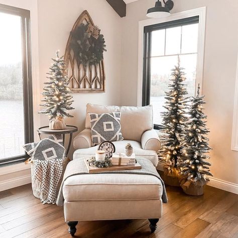 Christmas Trees In Living Room, Trees In Living Room, Small Farmhouse Decor, White Upholstered Chair, Corner Christmas Tree, White Ottoman, White Accent Pillow, Cozy Christmas Decor, Ottoman Decor