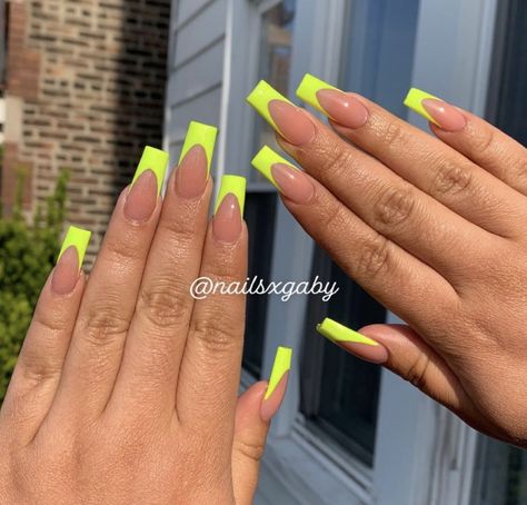 French Tip Neon Green, Neon Yellow Design Nails, Neon Green French Tip Nails Coffin, Neon Trendy Nails, Neon Yellow Nails French Tip, Yellow Neon Nails Design, Fluorescent Yellow Nails, Neon French Tip Nails Square, Neon Yellow Nails Designs Summer