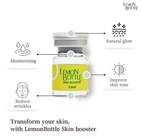 Lemon Bottle Skin Booster is a skin booster solution that uses the optimal combination of high-concentration vitamins, amino acids, peptides, antioxidants and hyaluronic acid to promote new collagen and elastin production. The nutrients are supplied directly to the skin to prevent skin ageing, improve elasticity, and brighten and smooth skin tone. This solution effectively reduces fine lines, lightens dark circles and eye bags, and smoothens crow’s feet. Additionally, it promotes soft, glo... Skin Booster, Eye Bags, Reduce Wrinkles, Natural Glow, Improve Skin, Dark Circles, Amino Acids, Smooth Skin, Hyaluronic Acid