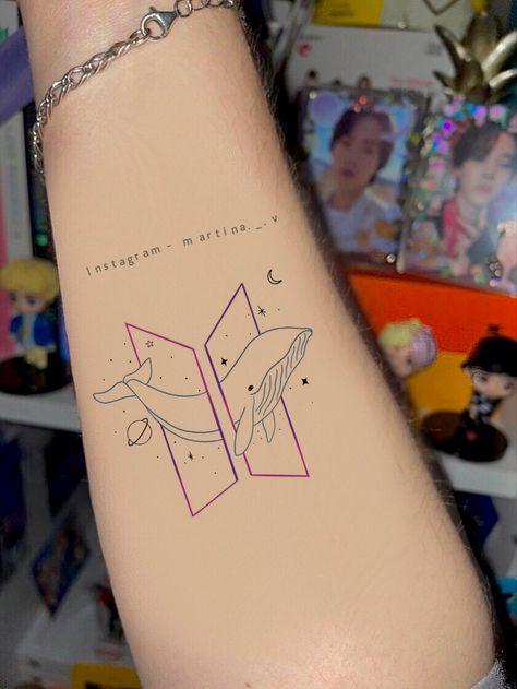 Cute Small Leg Tattoos, Bts Whale Tattoo, Bts Logo Tattoo, Bts Army Tattoo, Bangtan Tattoo Ideas, Bts Inspired Tattoos, Bts Whale, Bts Tattoo Ideas, Tattoo Bts