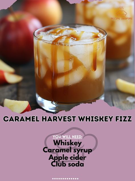 Celebrate the season with this Caramel Harvest Whiskey Fizz—a sweet and fizzy delight for autumn gatherings! 🍸🍁 #AutumnCocktails #CaramelFizz Caramel Harvest Whiskey Fizz Ingredients: Whiskey (2 oz) Caramel syrup (1 oz) Apple cider (2 oz) Club soda (2 oz) Ice cubes (as needed) Caramel drizzle (for garnish) Instructions: Fill a glass with ice cubes. Add whiskey, caramel syrup, and apple cider. Top with club soda and stir gently. Drizzle with caramel syrup. 🍂🥃 Enjoy the sweet and fizzy flav... Autumn Fizz Cocktail, Whiskey Caramel, Cider Punch, Apple Cider Punch, Caramel Vodka, Caramel Drizzle, Caramel Syrup, Alcohol Drinks, Fall Inspiration