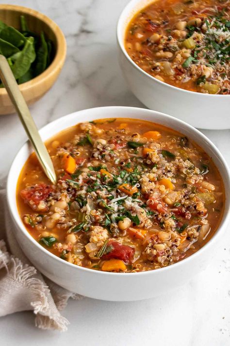 Quinoa Soup Recipes, Kay Nutrition, Quinoa Vegetable Soup, Hearty Vegetable Soup, Quinoa Soup, Vegetable Quinoa, Grilled Tofu, Vegetarian Protein, All Recipes