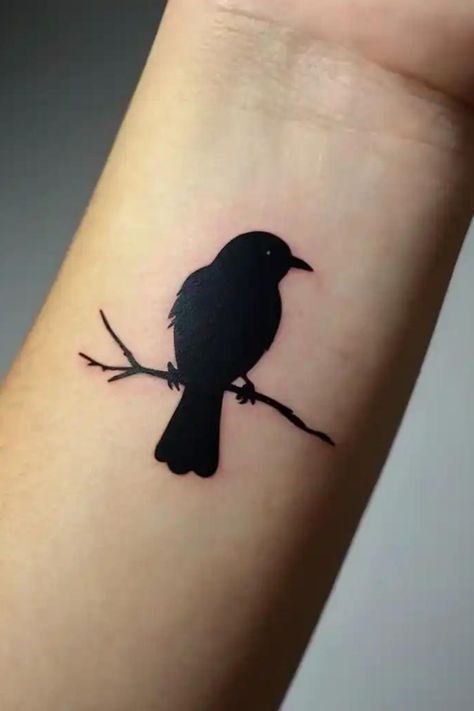 Dainty Small Tattoos Black Phoebe Bird Tattoo, Small Blackbird Tattoo, Black Bird Tattoos For Women, Small Raven Tattoos For Women, Small Raven Tattoo, Small Crow Tattoo, Crow Tattoos For Women, Minimalist Bird Tattoo, Dainty Small Tattoos