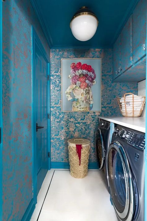 One Room Challenge – Colorful Reveals Maximalist Wallpaper, Laundry Room Lighting, Laundry Room Flooring, Faux Beams, Teal Wallpaper, The Tile Shop, Emily Henderson, Room Transformation, Rooms Reveal