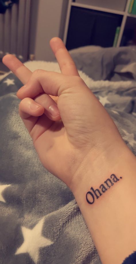 Ohana Tattoo For Men, Ohana Tattoo, Typewriter Font, Wrist Tattoo, Wrist Tattoos, Typewriter, Fish Tattoos, Jesus Fish Tattoo, Tattoos For Guys