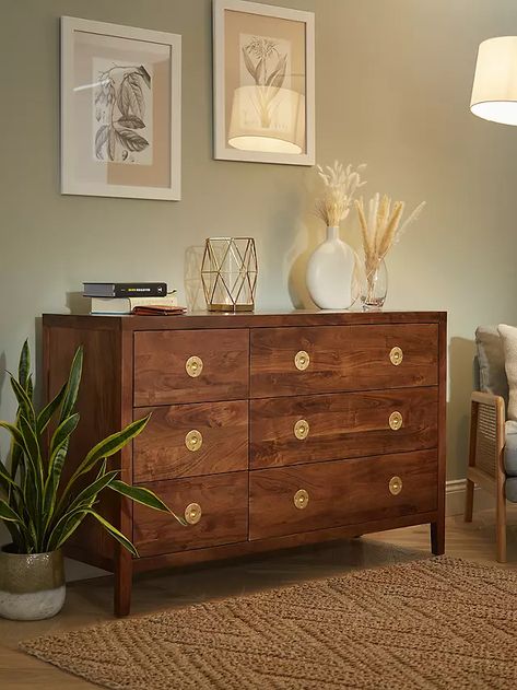 John Lewis & Partners Padma 6 Drawer Chest, Brown/Brass 6 Drawer Chest Of Drawers, Indian Chest Of Drawers, Chest Drawer Decor, Counselling Room Design, Indian Style Bedroom, Chest Of Drawers Styling, Chest Of Drawers Decor, Brown Chest Of Drawers, Drawer Decor