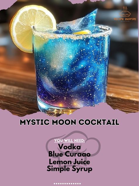 1. Unleash your inner mixologist with our captivating Mystic Moon Cocktail! ✨🌙 2. Mystic Moon Cocktail 3. Ingredients: - Vodka (2 oz) - Blue Curaçao (1 oz) - Lemon Juice (1 oz) - Simple Syrup (0.5 oz) - Soda Water (to top) - Lemon Slice (for garnish) - Edible Glitter (optional) 4. Instructions: - Fill a shaker with ice. - Add vodka, blue curaçao, lemon juice, and simple syrup. - Shake well until chilled. - Strain into a glass filled with ice. - Top with soda water and stir gently. - Garnish... Moon Cocktail, Simple Cocktails, Vodka Blue, Mystic Moon, Themed Drinks, Soda Water, Blue Curacao, Edible Glitter, Easy Cocktails