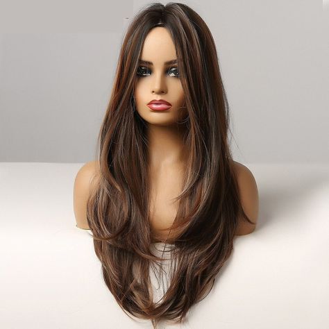 Black Wig With Highlights, Wig With Highlights, Old Hollywood Hair, Layer Hair, Brown Hair Dye, Long Layered Haircuts, Brown Hairstyles, Haircuts Straight Hair, Black Wig