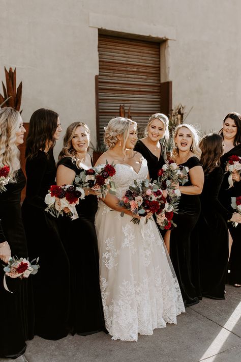 Mckenna Nick Submission All Black Wedding With Red Roses, Black And Blush Bridesmaid Dresses, Winter Wedding Black Tablecloth, Burgundy Moody Wedding, Black White Gold Burgundy Wedding, Black Bridesmaid Dresses Red Flowers, Burgundy Wedding Florals, Black White And Burgundy Wedding, Black And Burgundy Wedding Theme