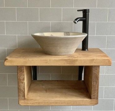 Washstand Sink, Wetroom Ideas, Stairs Bathroom, Rustic Bathroom Vanity, Downstairs Wc, Terrazzo Bathroom, Countertop Shelf, Floating Sink, Shower Rooms