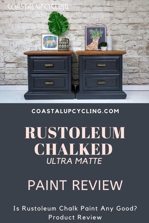 Is Rustoleum Chalk paint any good? Should you try it on your next furniture makeover? Product Review!  #rustoleumchalkedultramattepaint #chalkpaintreview #paintedfurniture #furnituretransformation #modernfarmhouse #industrial #interiordesign #diy #diyhomedecor #coastalupcycling #affordablechalkpaint #howtopaintfurniture #paintedfurnitureideas #furnituremakeover #bedroomfurniture #homedecor #farmhousedecor #rustoleumchalkedultramattecharcoal #furniturerefinishing #upcycledfurniture Rustoleum Chalk Paint Colors, Dining Room Furniture Makeover, Diy Old Furniture Makeover, Rustoleum Chalked, Diy Furniture Repair, Rustoleum Chalk Paint, Painted Furniture For Sale, Blue Painted Furniture, Furniture Business