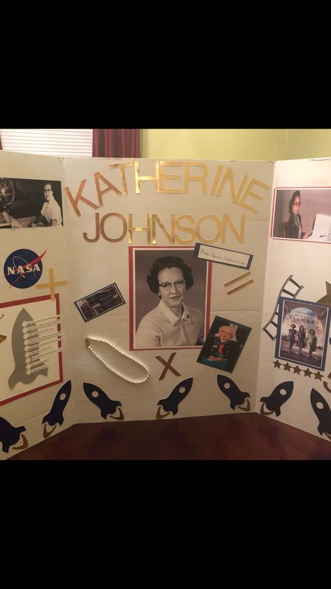 Katherine Johnson Poster, Katherine Johnson Activities For Kids, Wax Museum School Project, High School Science Fair, School Projects For Kids, Bulletin Boards For School, Boards For School, Middle School Projects, Bessie Coleman