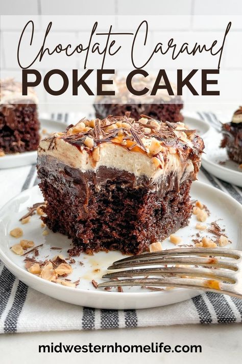 Chocolate Caramel Poke Cake, Caramel Poke Cake, Caramel Whipped Cream, Dinner Noodles, Picadillo Recipe, Chocolate Caramel Cake, Chocolate Poke Cake, Caramel Desserts, Poke Cake Recipes