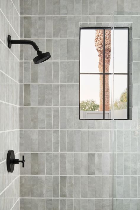 Stacked shower tile Grey Vertical Tile Bathroom, Vertical Shower Tile, Laundry Room Floor Ideas, Room Floor Ideas, Laundry Room Floor, Gray Shower Tile, Nomad Design, Subway Tile Showers, Beach House Bathroom